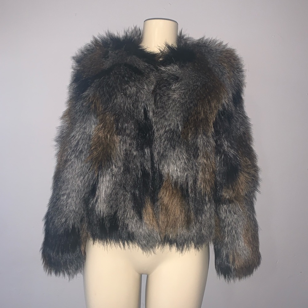 Black brown and grey faux fur coat.